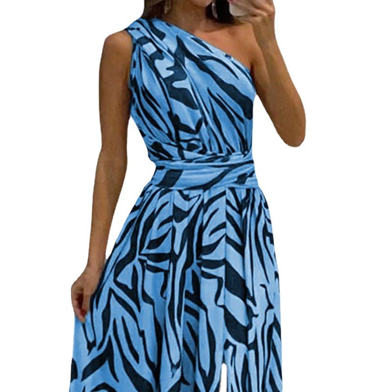 Jupe d&#039;été pour femmes, nouvelle collection européenne et américaine, transfrontalière Amazon, Sexy, dos nu, asymétrique, épaule dénudée, sans manches, robe imprimée, 2023