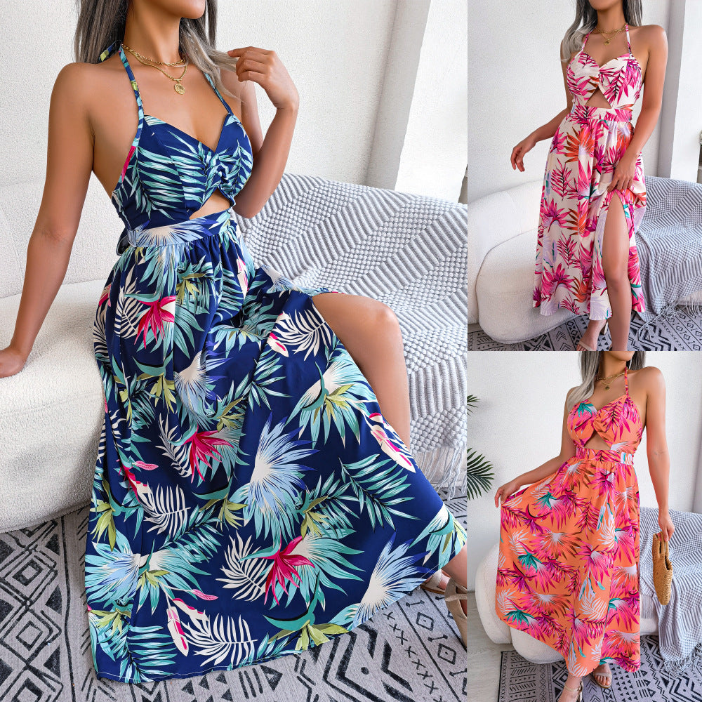 Robe à fleurs sans manches à bretelles creuses, robe de plage de vacances