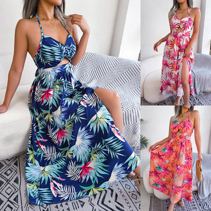 Robe à fleurs sans manches à bretelles creuses, robe de plage de vacances