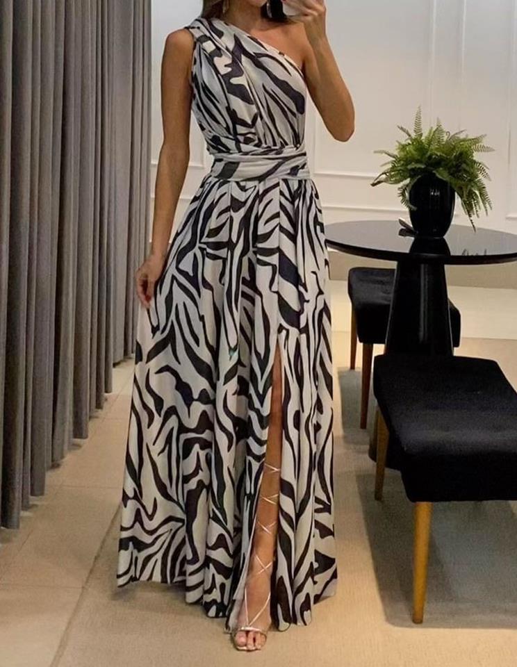 Jupe d&#039;été pour femmes, nouvelle collection européenne et américaine, transfrontalière Amazon, Sexy, dos nu, asymétrique, épaule dénudée, sans manches, robe imprimée, 2023