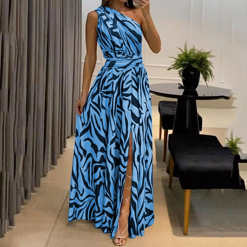 Jupe d&#039;été pour femmes, nouvelle collection européenne et américaine, transfrontalière Amazon, Sexy, dos nu, asymétrique, épaule dénudée, sans manches, robe imprimée, 2023