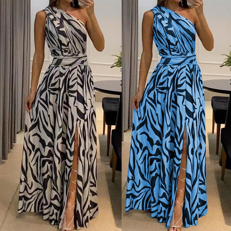 Jupe d&#039;été pour femmes, nouvelle collection européenne et américaine, transfrontalière Amazon, Sexy, dos nu, asymétrique, épaule dénudée, sans manches, robe imprimée, 2023