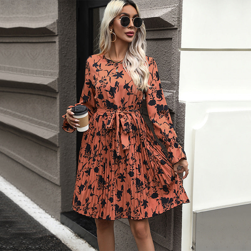 Robe imprimée à manches longues pour femmes, vêtements européens et américains, nouvelle mode d&#039;automne