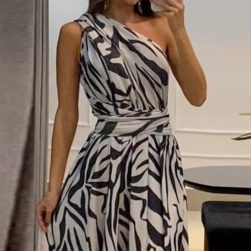 Jupe d&#039;été pour femmes, nouvelle collection européenne et américaine, transfrontalière Amazon, Sexy, dos nu, asymétrique, épaule dénudée, sans manches, robe imprimée, 2023