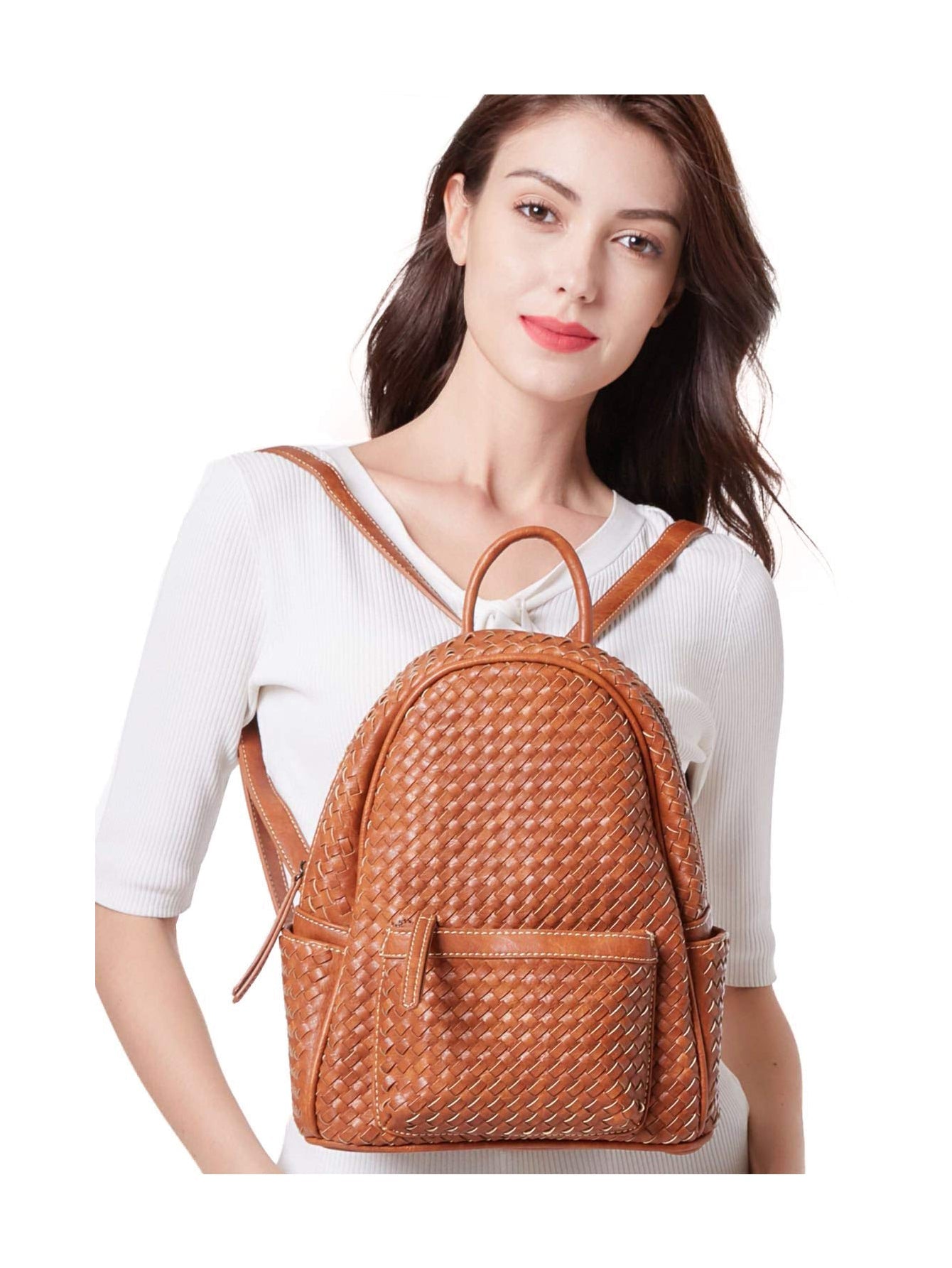 Sac à dos tissé pour femme camel en cuir végétalien