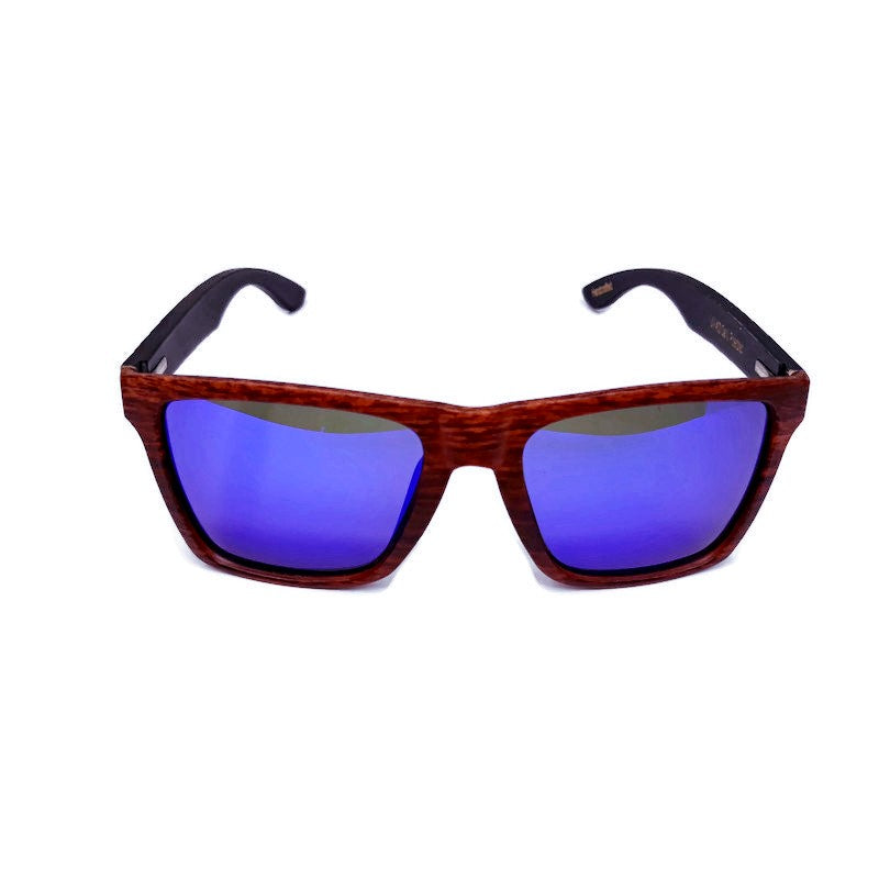 Lunettes de soleil en bambou, Monture couleur chêne, verres polarisés bleus